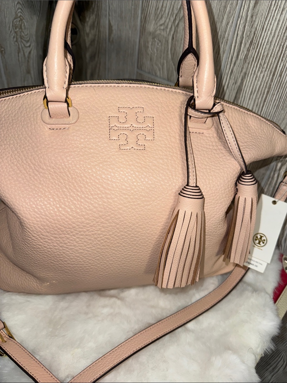 Tory Burch Thea Medium Pale Pink Pebbled Leather Satchel - Picture 2 of 13